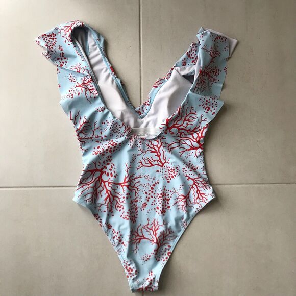 Shein One Piece Swimsuit Multicolor Print Ruffled Padded - Picture 5 of 8